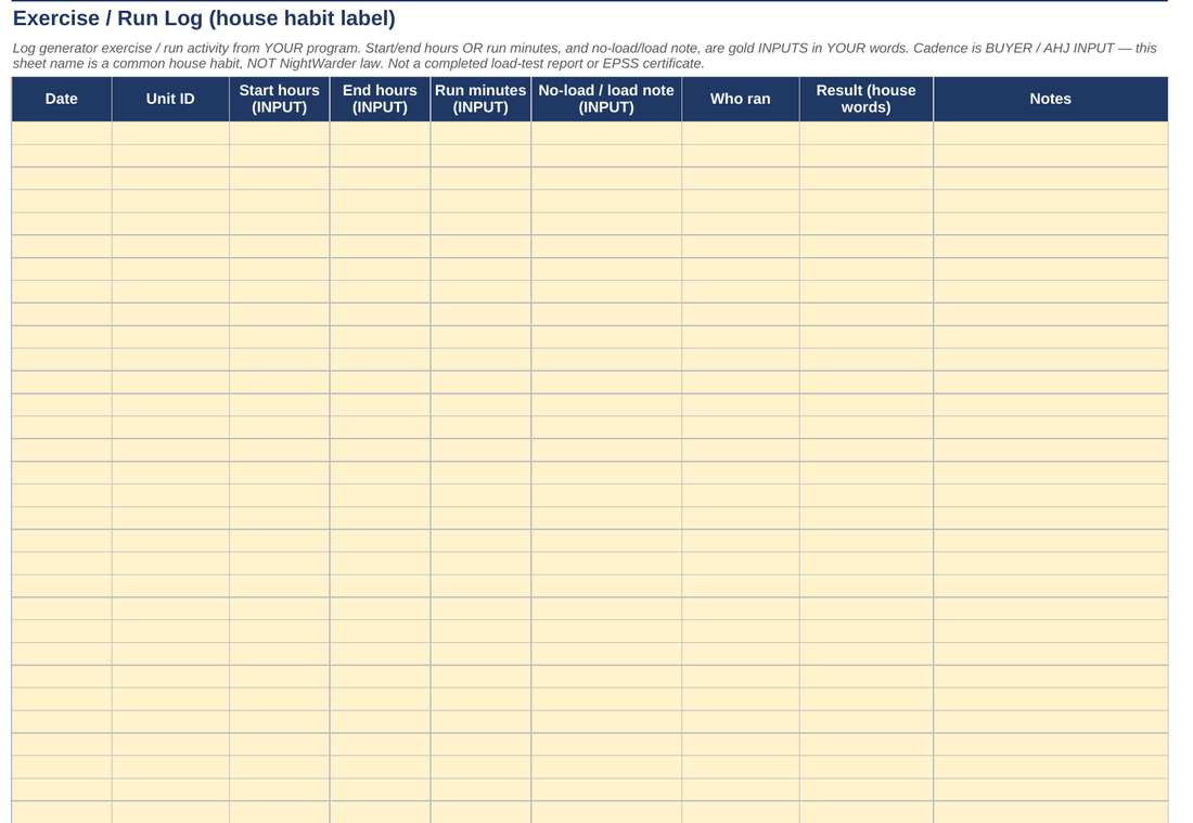 Page from the blank template: exercise / run log tab