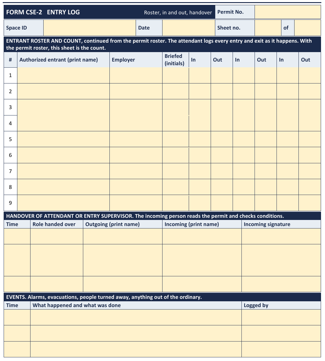 Page from the blank template: entry log with roster, in and out, handover