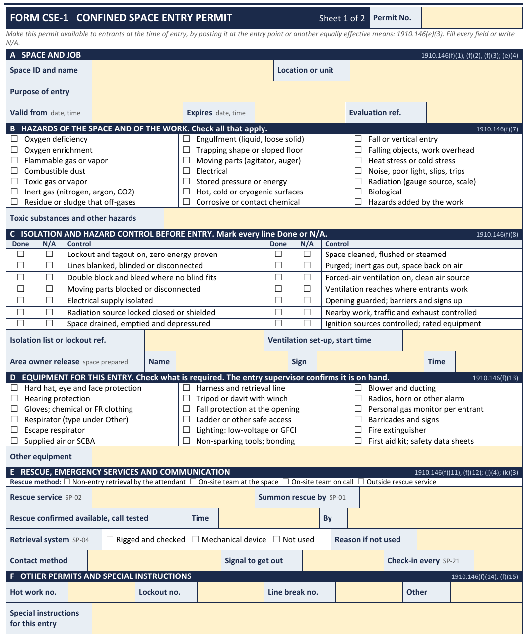 Page from the blank template: entry permit, sheet 1