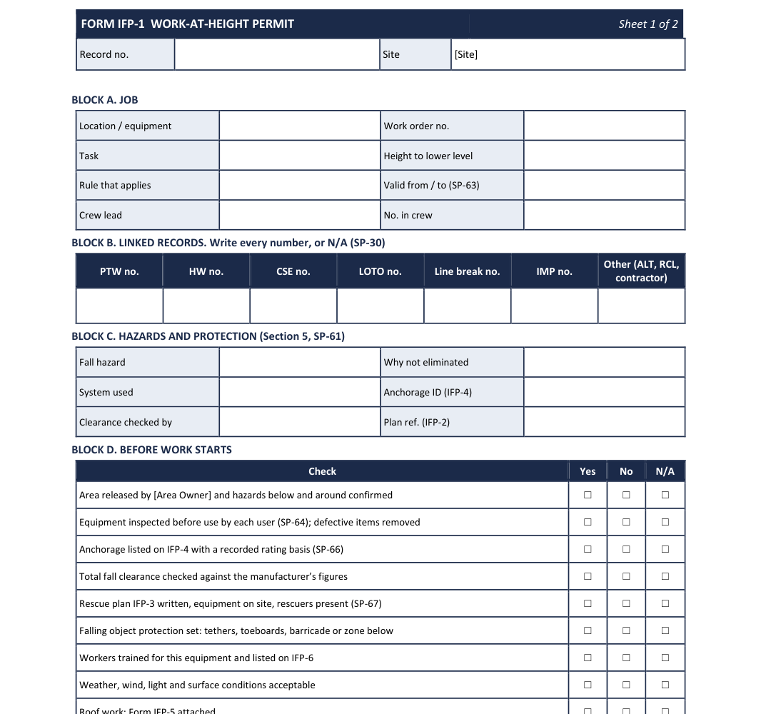 Blank work-at-height permit, sheet 1, with blocks for the job, linked record numbers, hazards and protection, and checks before work starts.