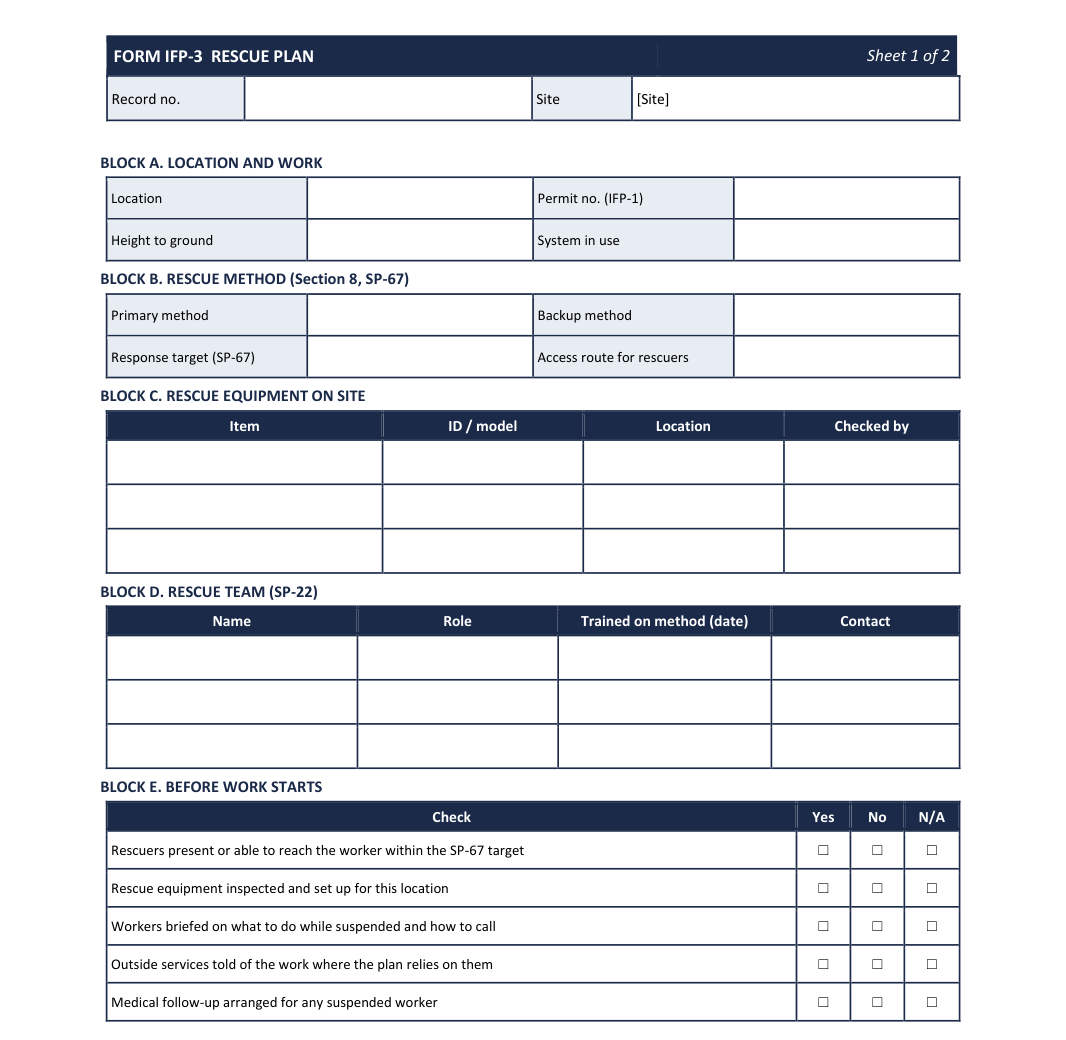 Blank rescue plan with blocks for the location, rescue method, rescue equipment, rescue team and checks.