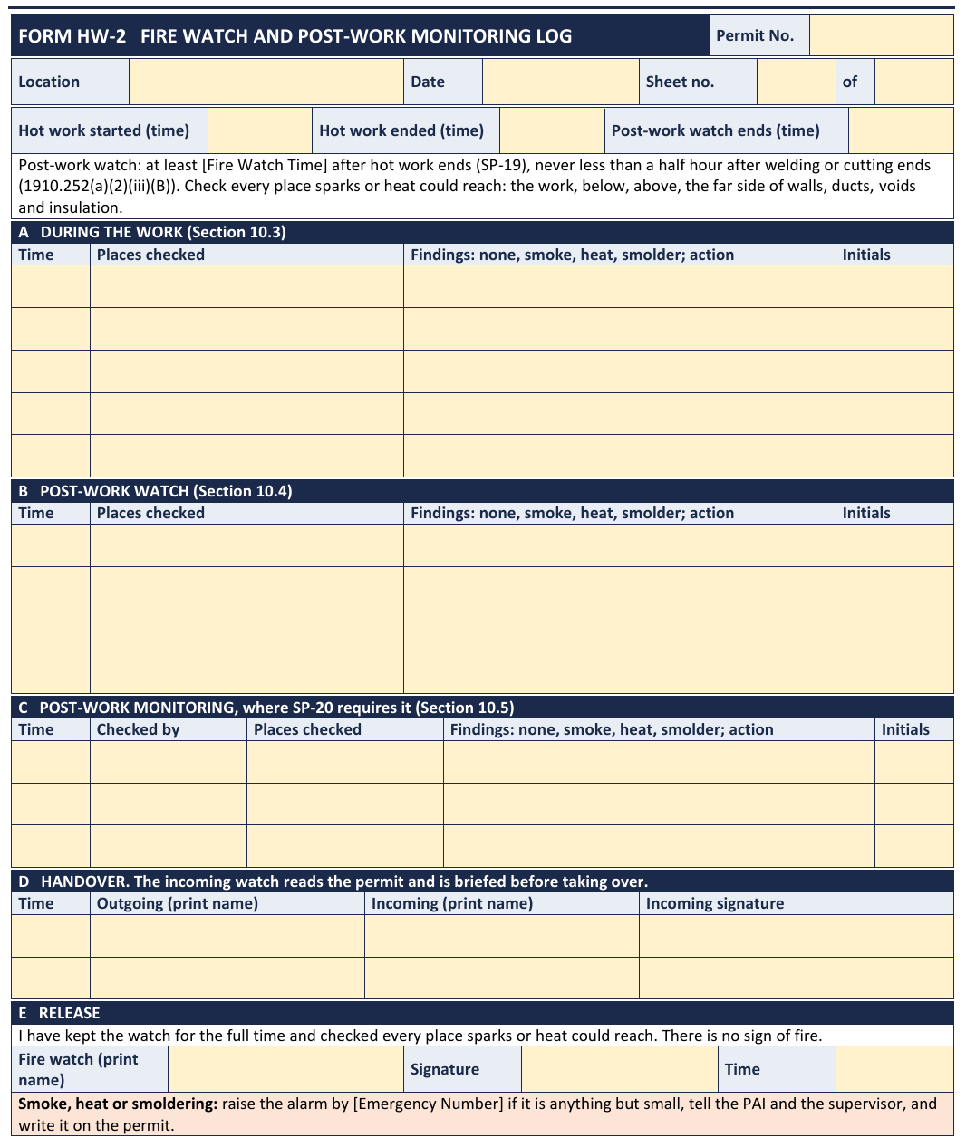 Page from the blank template: fire watch and post-work monitoring log