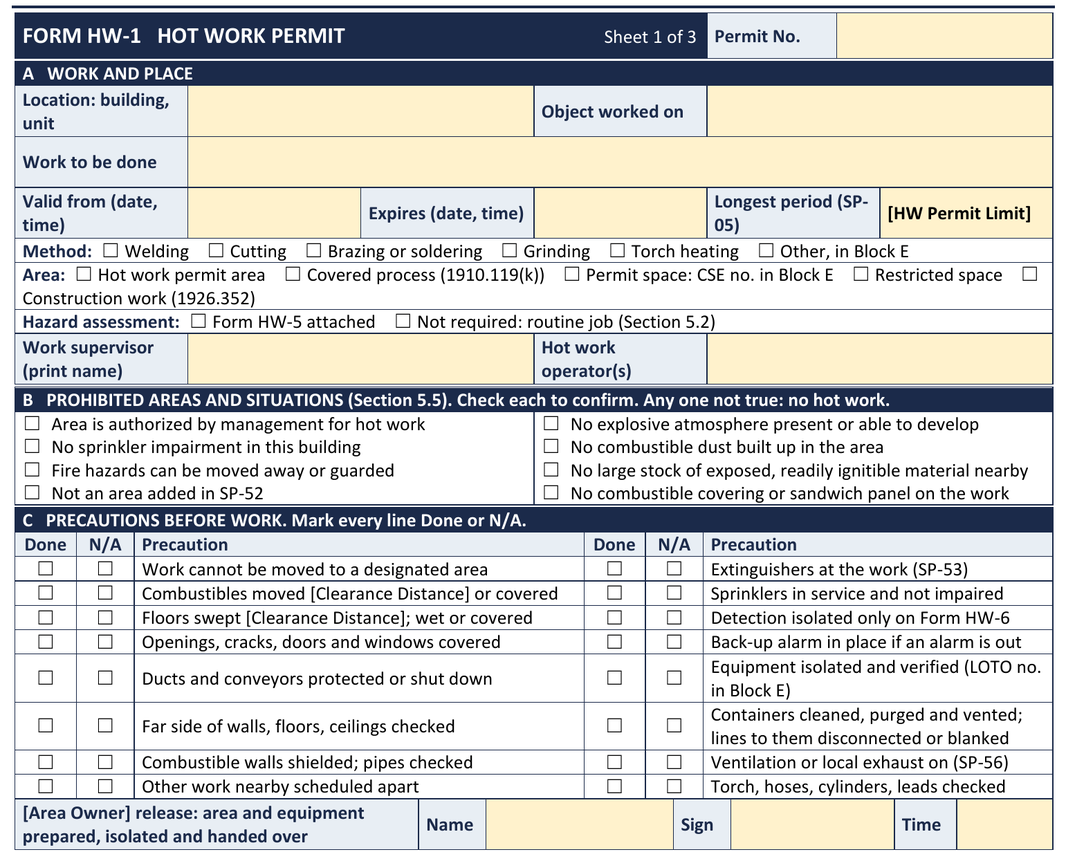 Page from the blank template: hot work permit, sheet 1