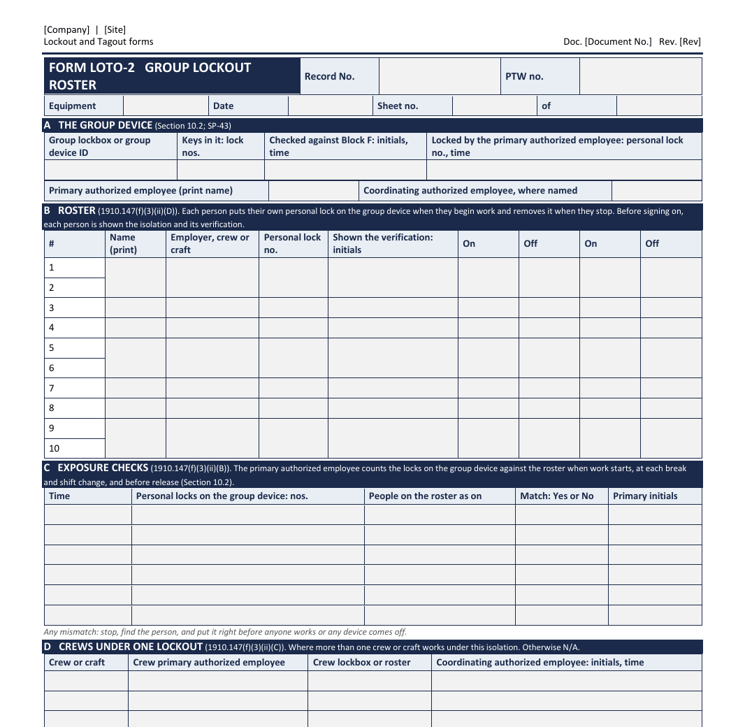Blank group lockout roster where each worker logs a personal lock number on and off the group device.