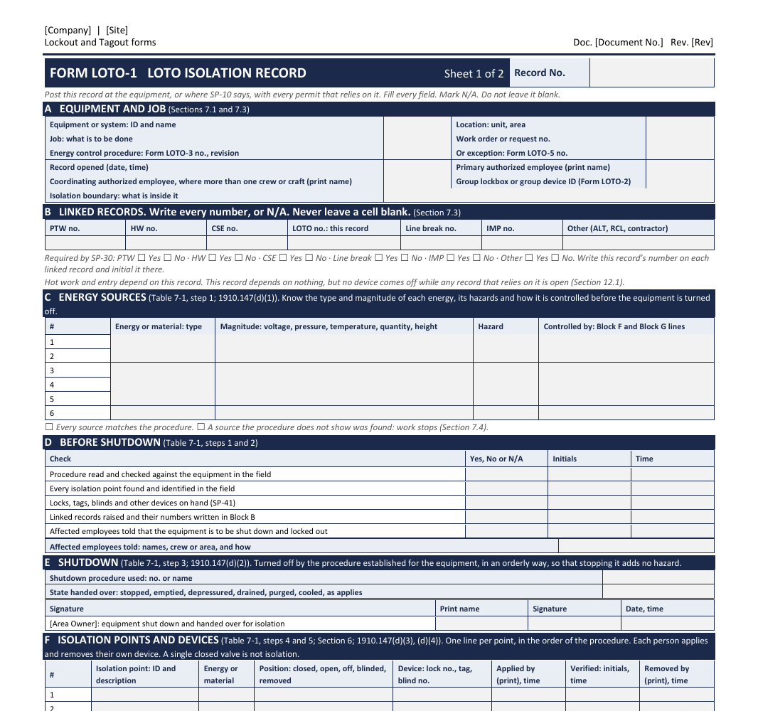 Blank isolation record, sheet 1, with blocks for the job, linked record numbers, energy sources, shutdown checks and isolation points.