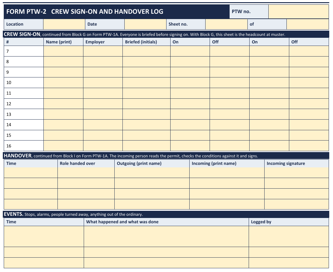 Page from the blank template: crew sign-on and handover log