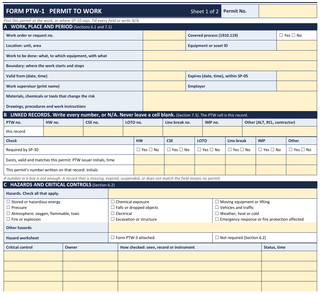 Page from the blank template: permit to work, sheet 1
