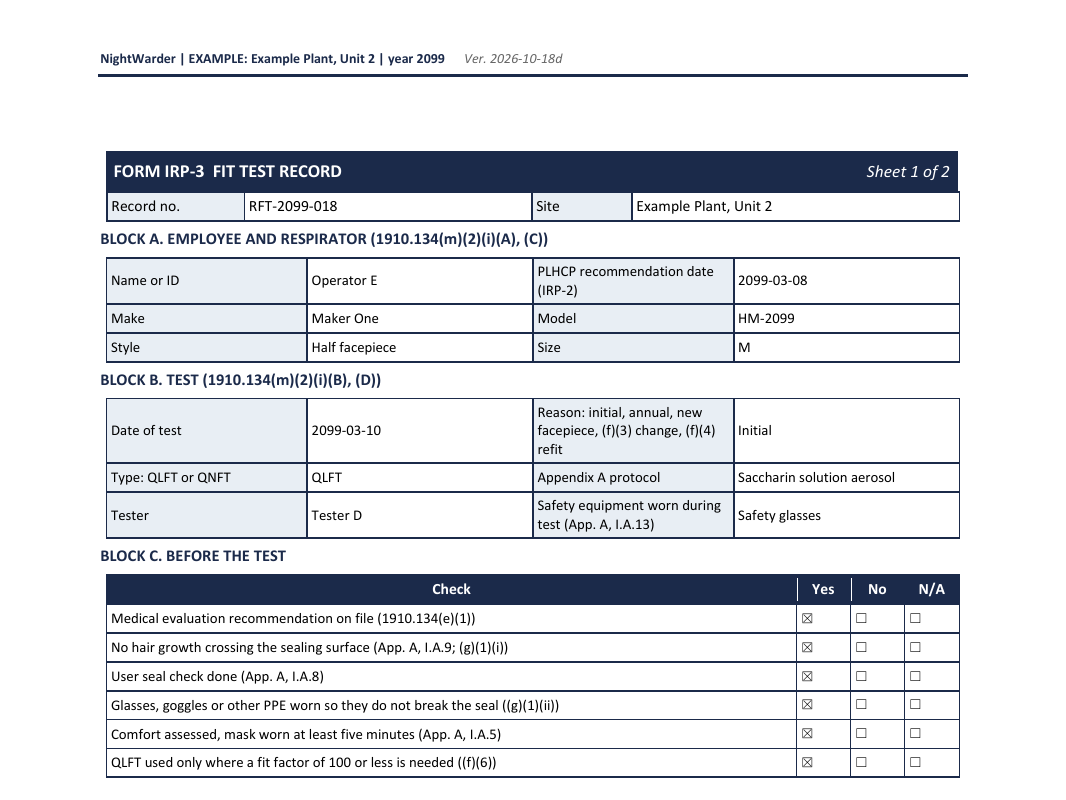 Filled example fit test record for Example Plant, Unit 2, showing a passed qualitative fit test on a half facepiece.