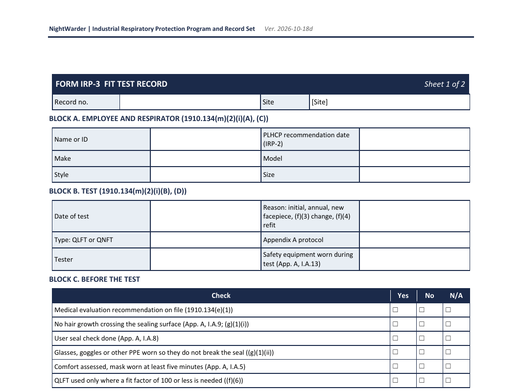 Blank fit test record, sheet 1, with blocks for the employee and respirator, the test and checks before the test.