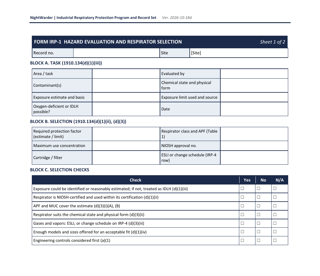 Blank hazard evaluation and respirator selection form, sheet 1, with blocks for the task, selection and selection checks.