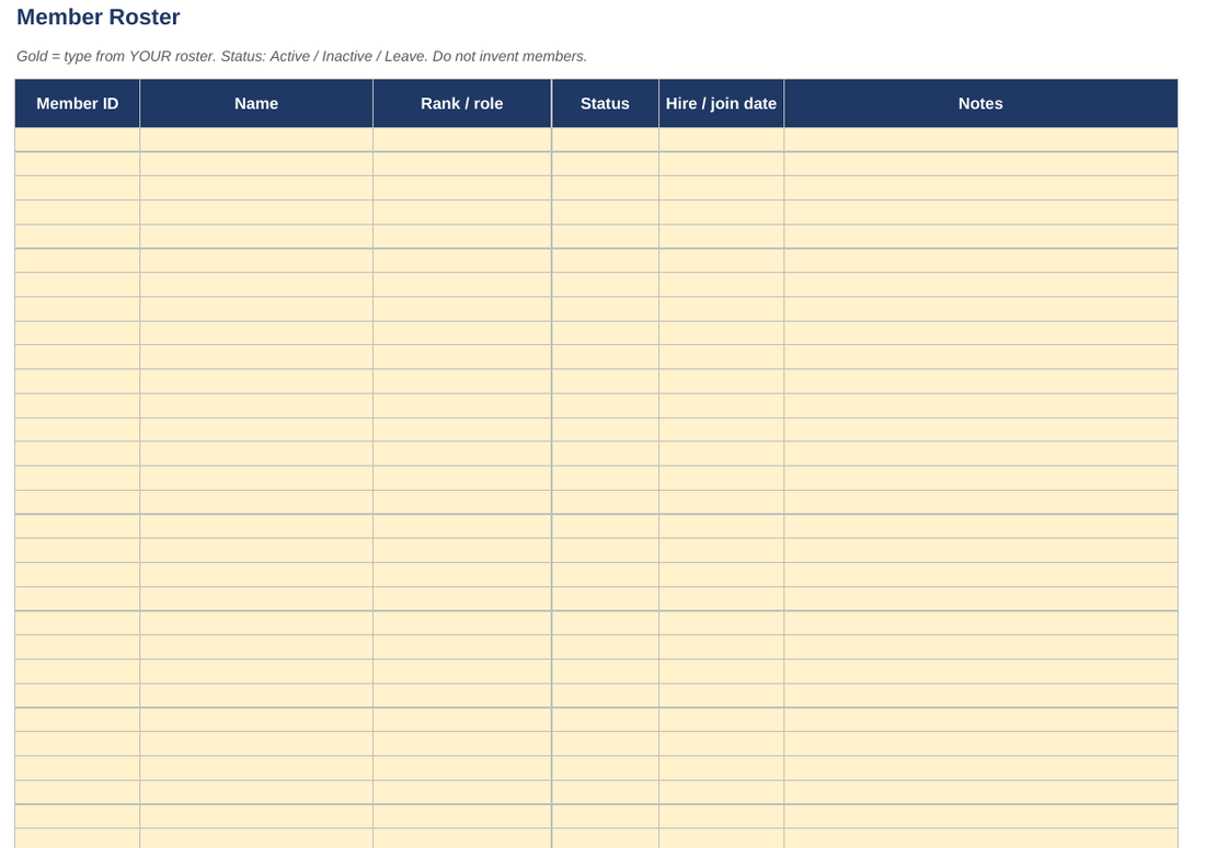 Page from the blank template: roster tab
