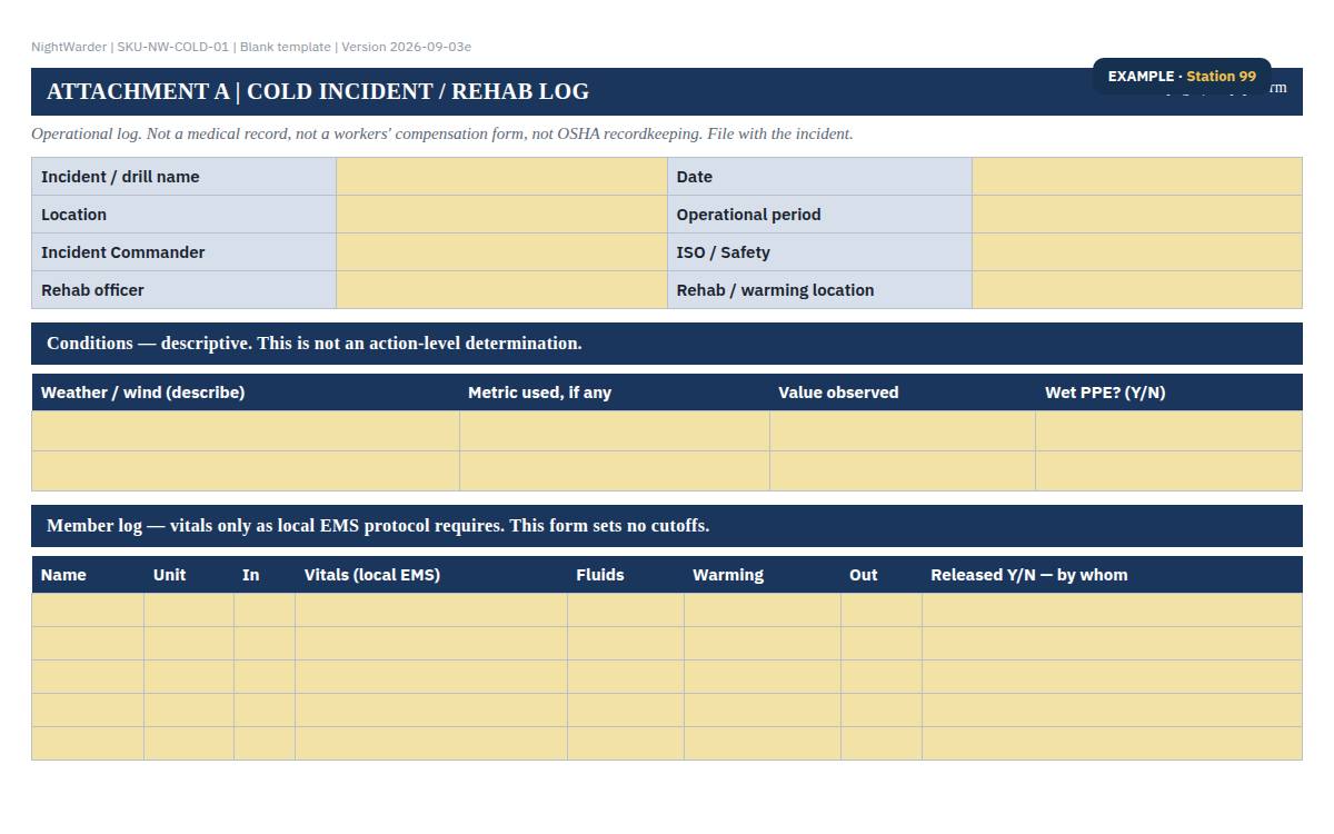 EXAMPLE Station 99 live sample of the cold weather SOP rehab log