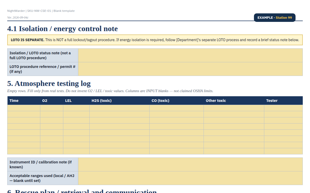 EXAMPLE Station 99 live sample of the blank confined space entry permit template