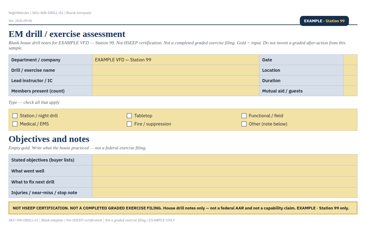 EM Drill / Exercise Assessment: preview of the fillable Excel notes