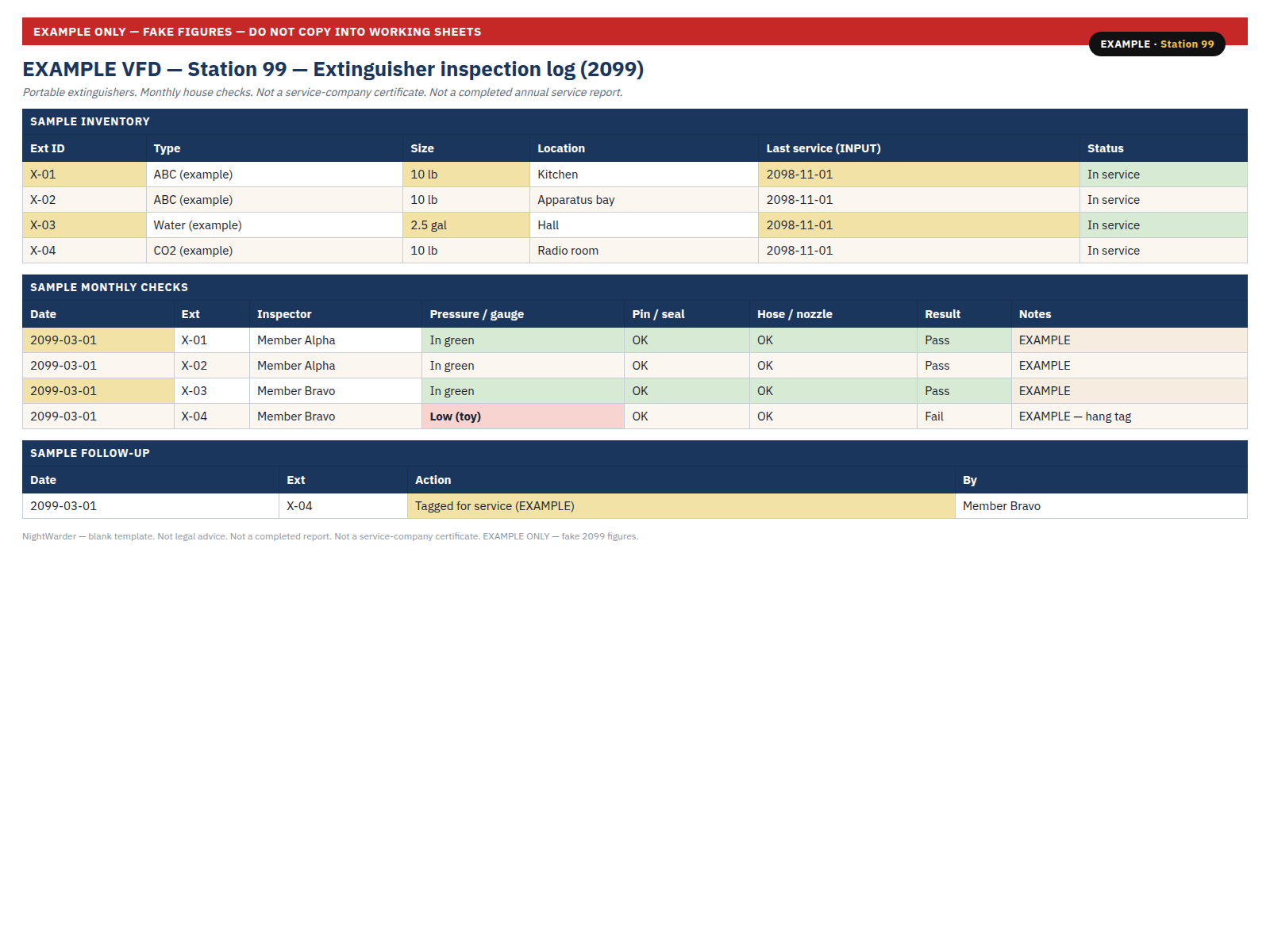 Extinguisher inspection log: preview of the fillable Excel log