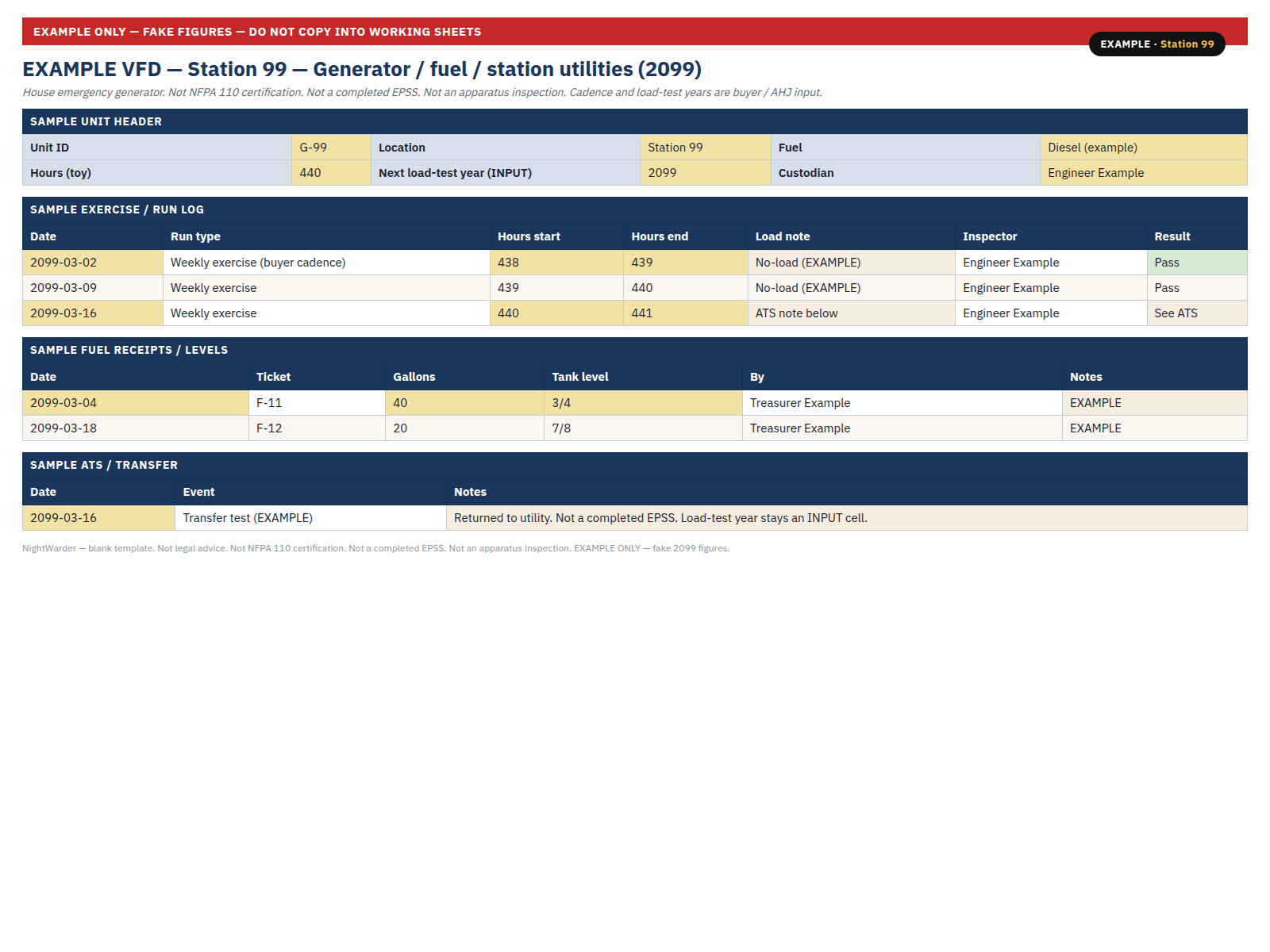 Generator / fuel / station utilities log: preview of the fillable Excel run log