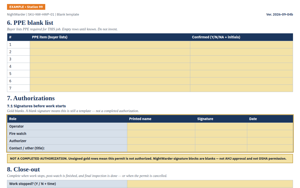 EXAMPLE Station 99 live sample of the blank hot work permit template