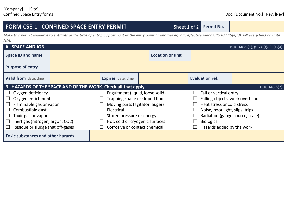 Industrial confined space entry kit: preview of the fillable Word template