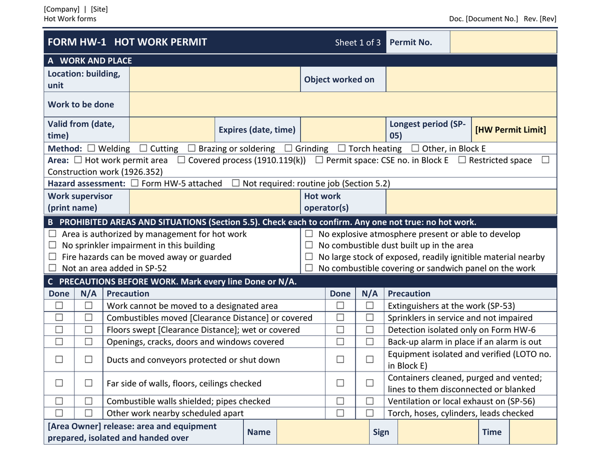 Industrial hot work kit: preview of the fillable Word template