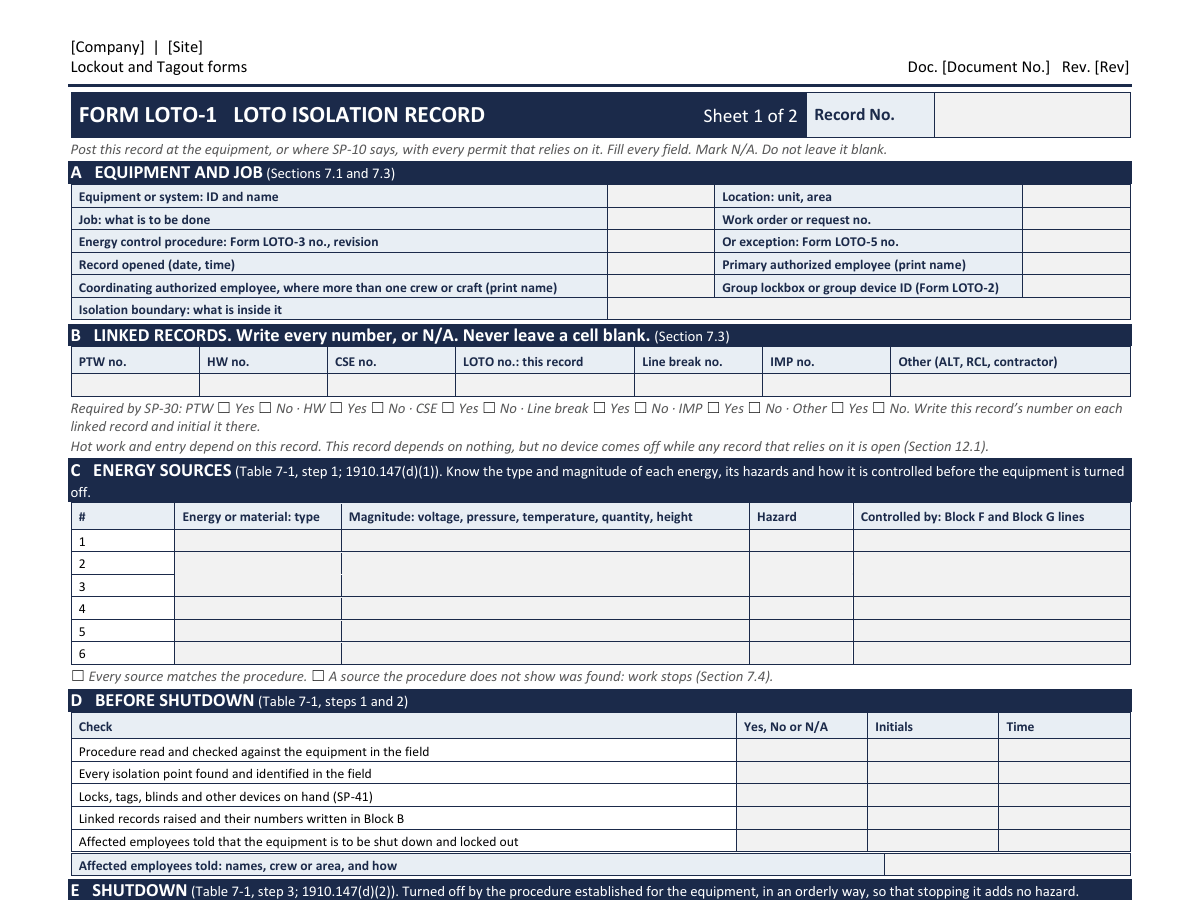 Industrial lockout and tagout kit: blank isolation record, sheet 1, with energy source and isolation point blocks.
