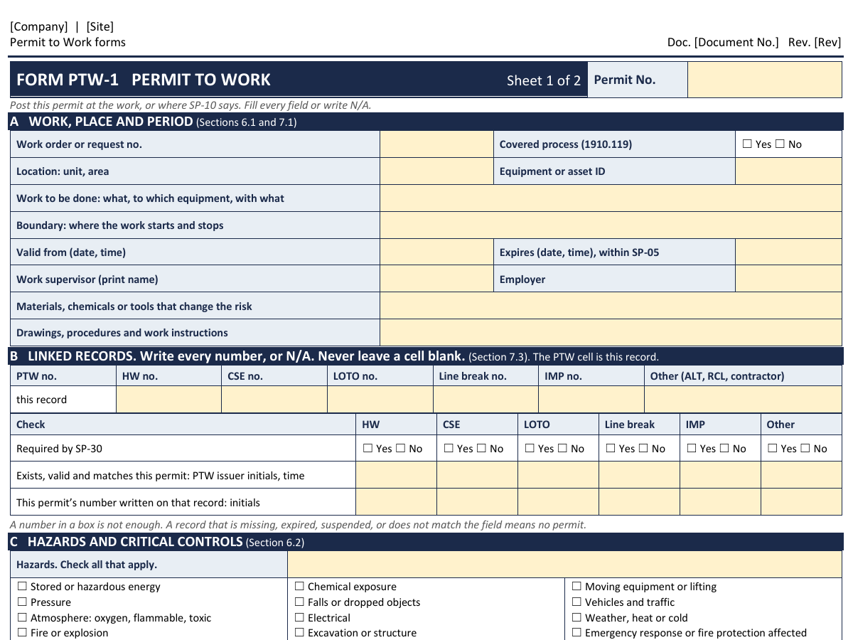 Industrial permit to work kit: preview of the fillable Word template