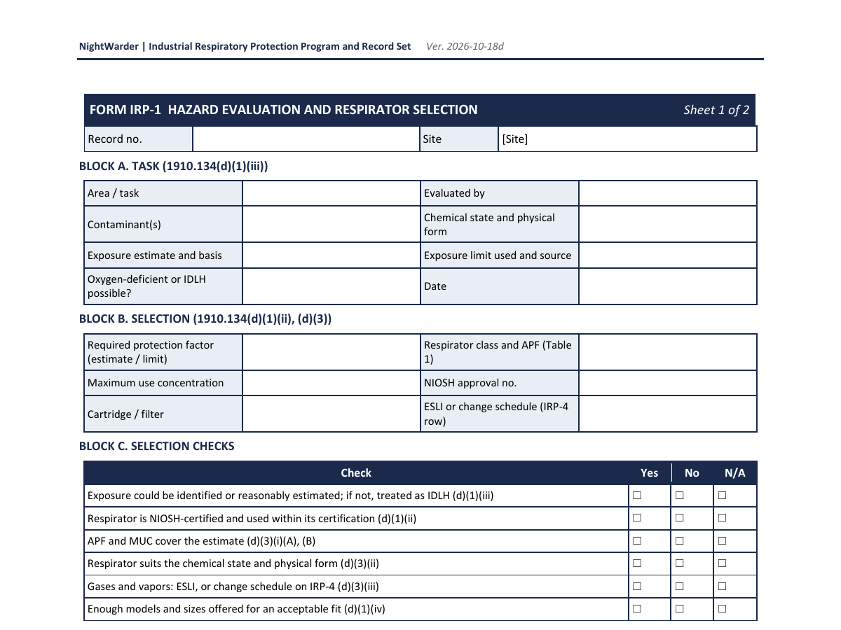 Industrial respiratory protection program kit: blank hazard evaluation and respirator selection sheet.