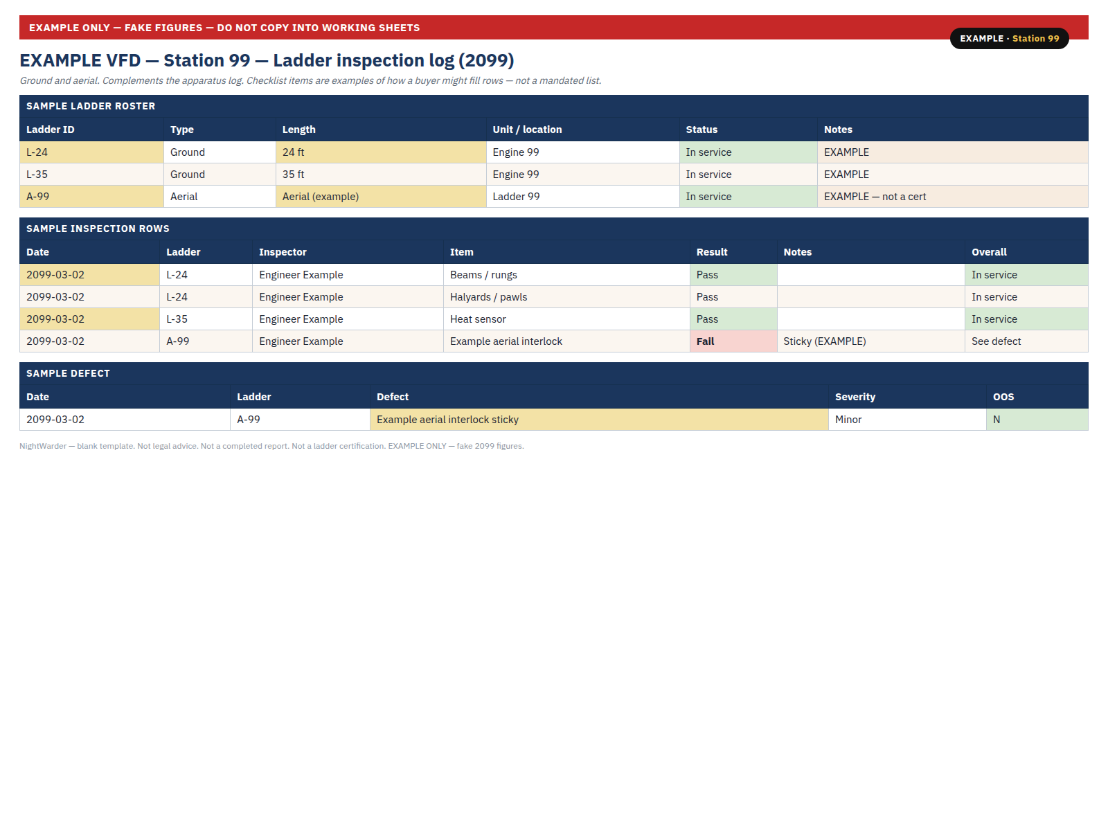 Ladder inspection log: preview of the fillable Excel log