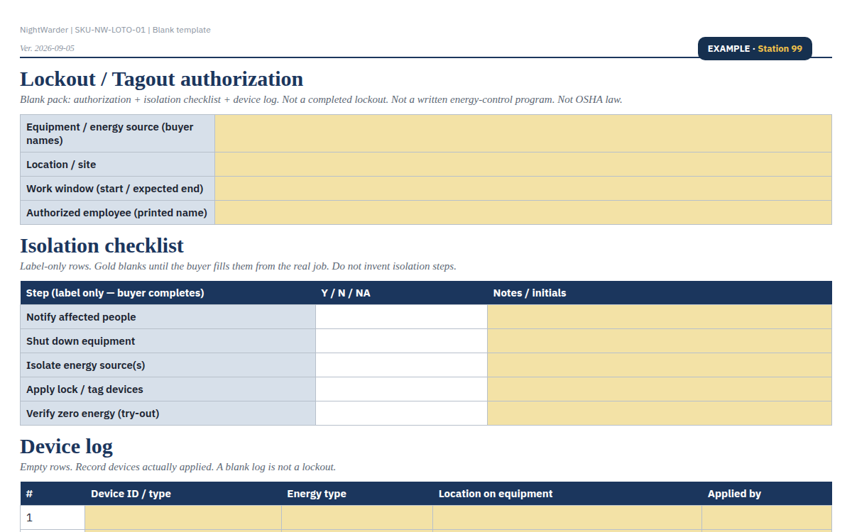 EXAMPLE Station 99 live sample of the blank lockout-tagout authorization pack