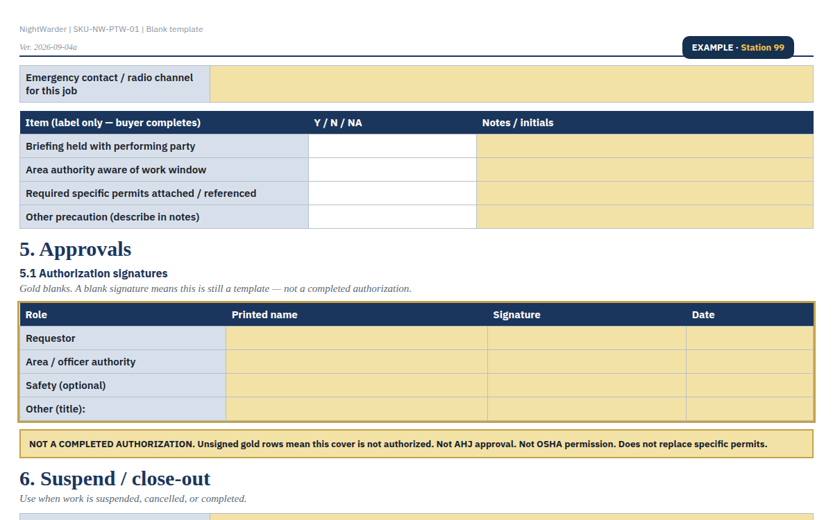 EXAMPLE Station 99 live sample of the blank permit-to-work cover template